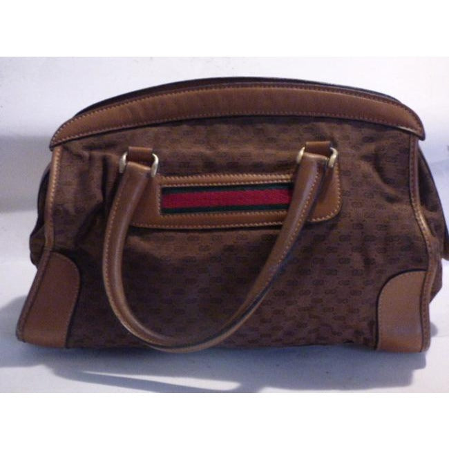 Gucci Vintage Dark Brown Small G Logo Print Fabric And Camel Leather With Red Green Stripe