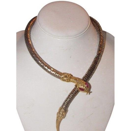 Whiting & Davis vtg silver & gold mesh snake necklace with red stone eyes!