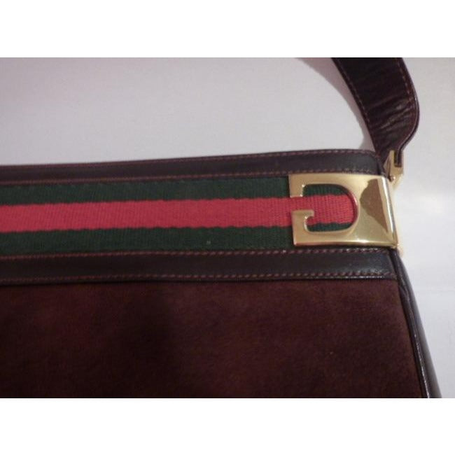 Gucci Vintage Brown Suede And Leather With Red And Green Striped Top Hobo Bag