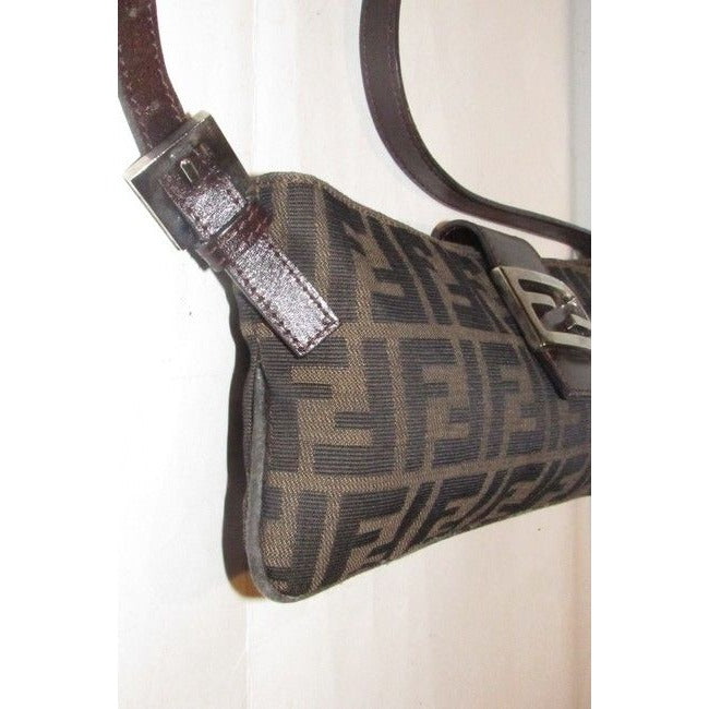 Fendi Baguette Style Shouldercross Body Purse Zucco Print In Browns Canvas And Leather Shoulder Bag