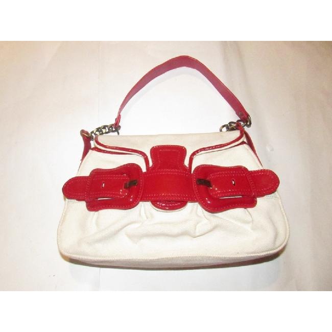 Fendi B Buckle Purses Ivory Canvas And Red Patent Leather Shoulder Bag