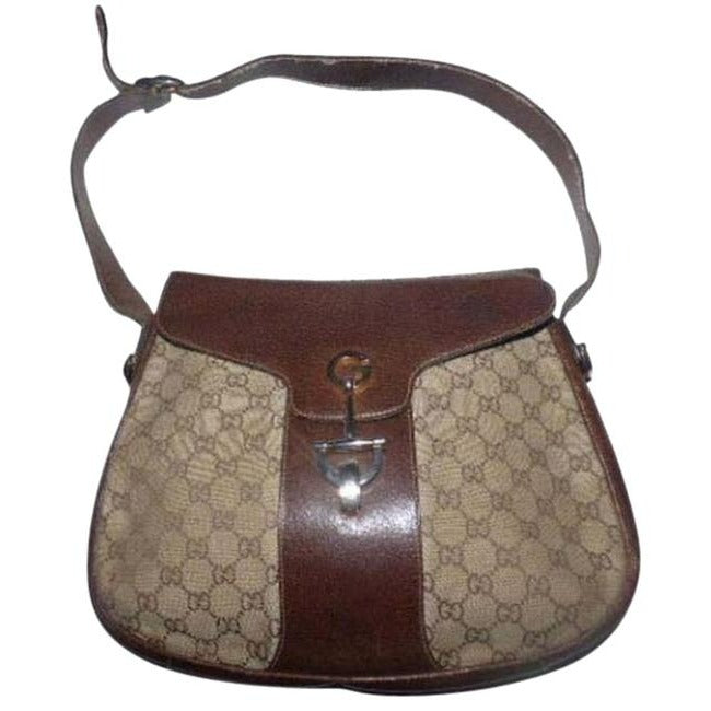 Gucci Brown Guccissima Print Leather Canvas Bag w Chrome Horse-bit Accent
