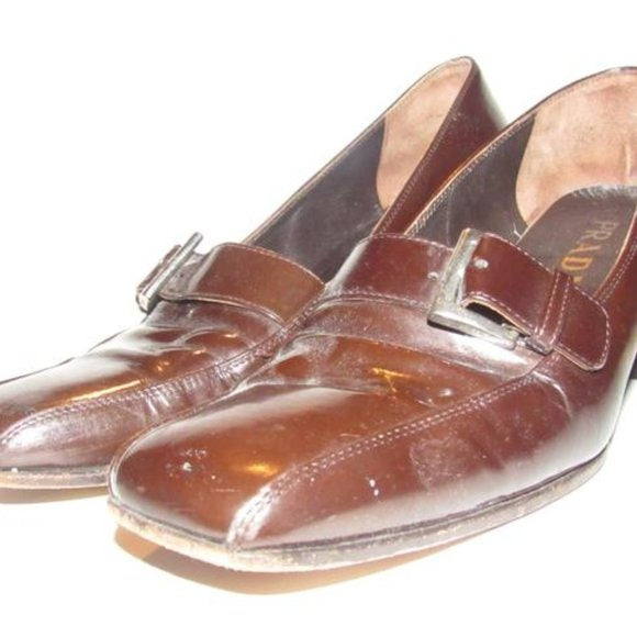 Prada RETRO Dark Brown Glossy Leather Square Toe Loafers