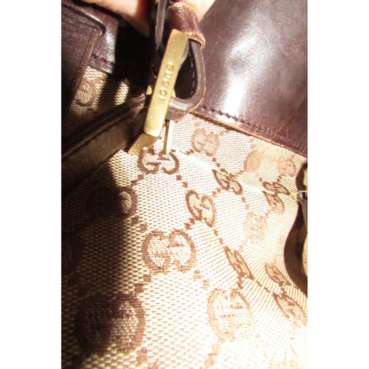 Gucci brown Guccissima print canvas & leather strappy cylindrical tote with brass accents