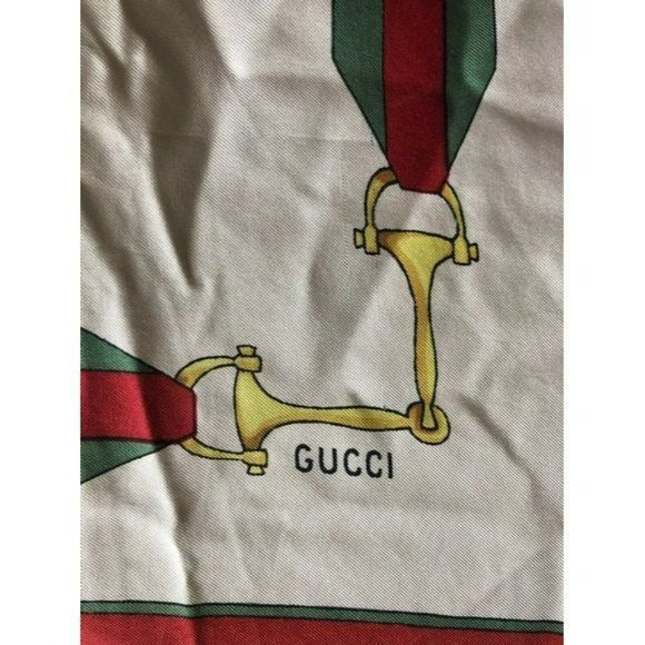 Gucci Red Green Gold Equestrian Print Silk Scarf