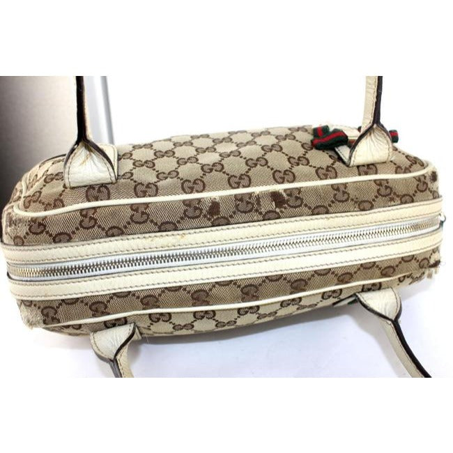 Gucci W Print Canvasleather Sherry Stripe Accents Brown Guccissimawhite Leathercanvas Satchel