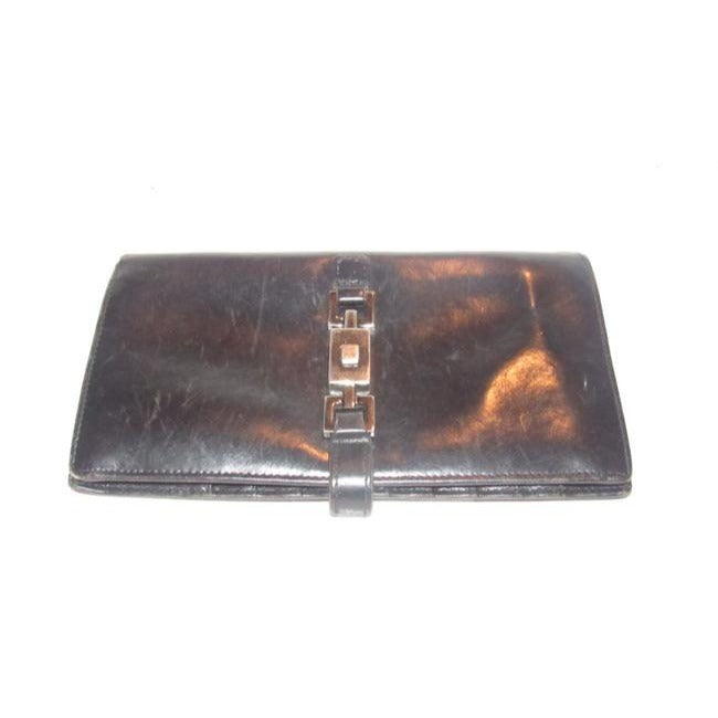 Gucci Black Leather With Chrome Jackie O Style Push Button Closure Checkbook Size Wallet