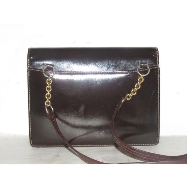 Gucci Horsebit Brown W Gold And Enamel Clasp Patent Leather Shoulder Bag