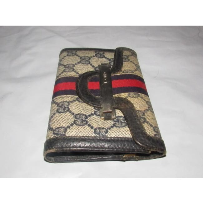 RARE, Gucci, Navy Guccissima Print, Vintage Collection, Tri Fold Wallet with a Red & Blue Stripe