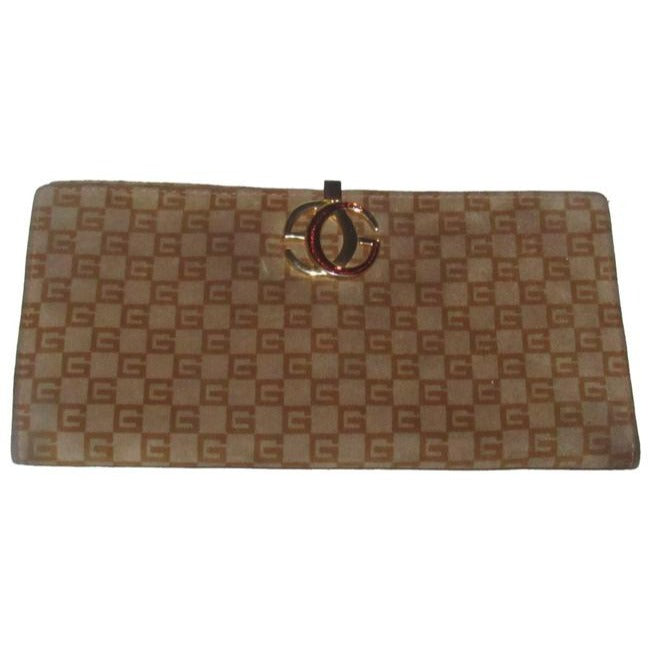 Gucci Brown Square G Logo Print Suede And Brown Leather Vintage Wallet