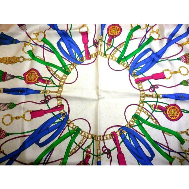 Celine Blue Pink Green Gold Tassels Equestrian Print Silk Scarf