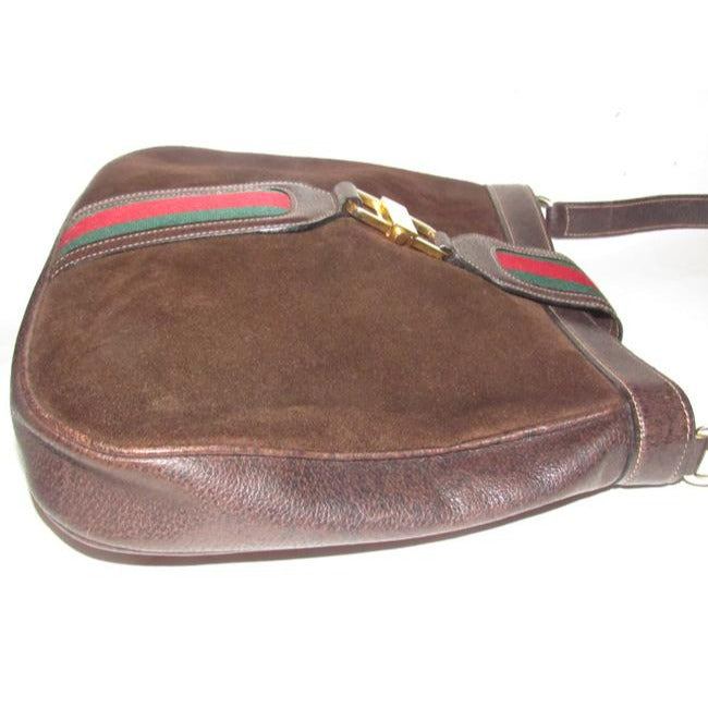 Gucci Jackie Bag Vintage Ophidia Large Dark Brown Suede And Leather With A Red And Green Canvas Stri