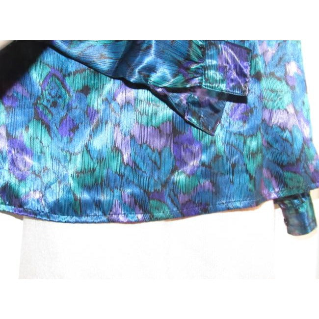 Notations Teal Green Purple And Black Peacock Print Silky Polyester Vintage Secretary Top