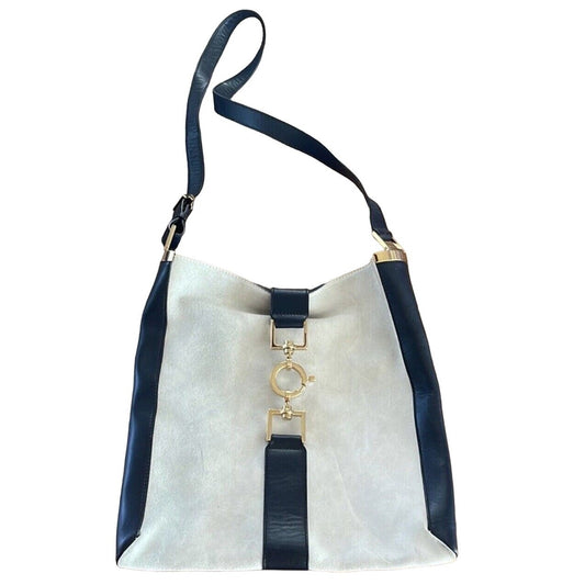 Vintage, Tom Ford era, Gucci, ivory suede & black leather, Jackie hobo shoulder bag with gold hardware