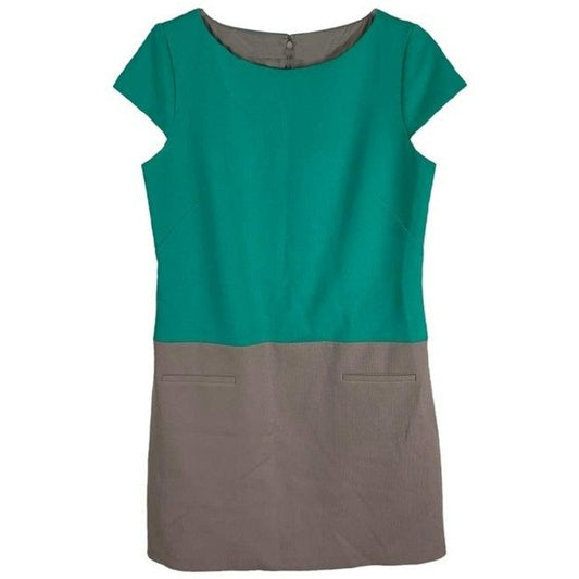 Eliza J Green And Beige Teal Taupe Colorblock Cap Sleeves Short Casual Dress