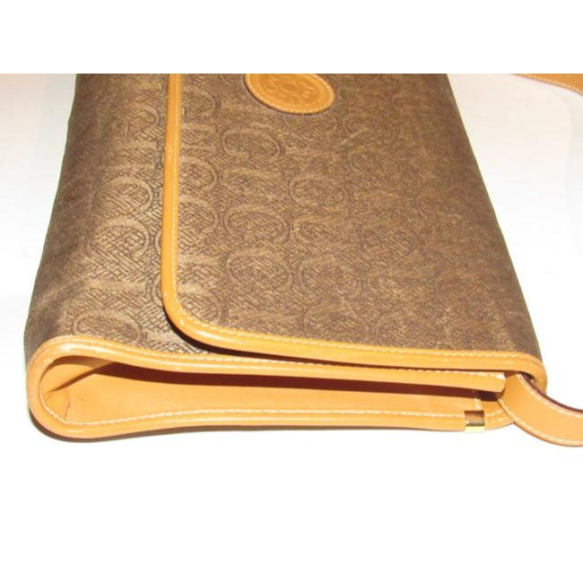 Gucci Vintage Brown Gucci Print Canvas And Camel Leather Shoulder Bag