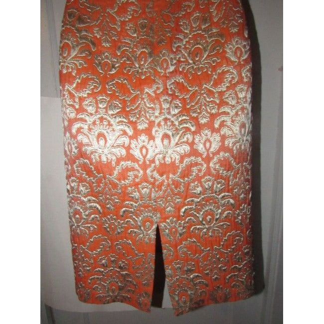 David Meister Orange Metallic Brocade Mid Length Cocktail Dress