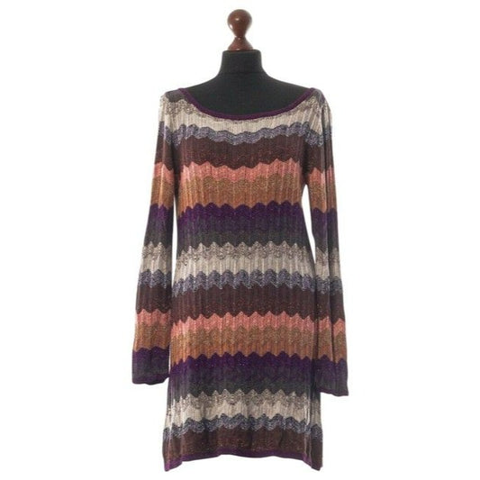 M Missoni Brown Pink Grey Wine Plum Chevron Print Sweater Mid Length Short Casual Dress