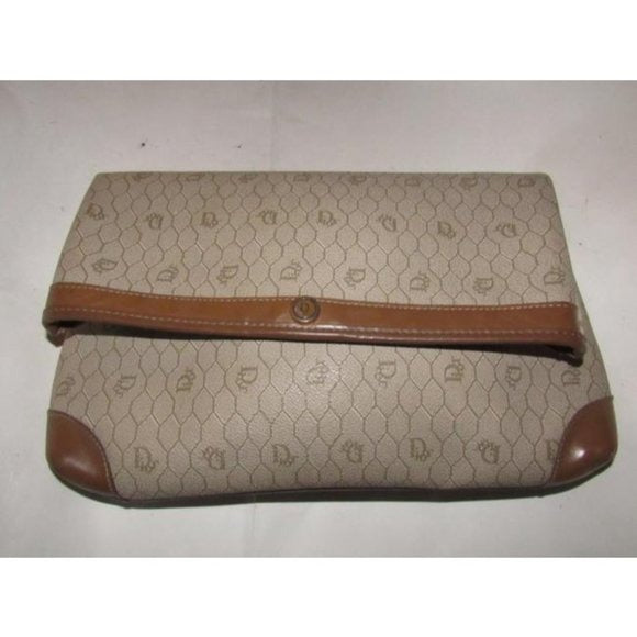 Vintage Dior XL Fold-over Clutch in Dior's Honeycomb Print Coated Canvas in Shades Of Brown