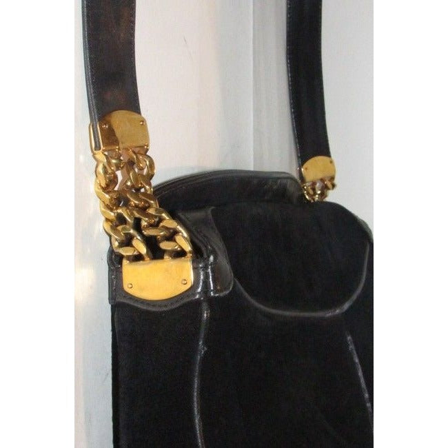 Gucci Vintage Shoulder Black Suede And Leather With Gold Chain Accents Hobo Bag