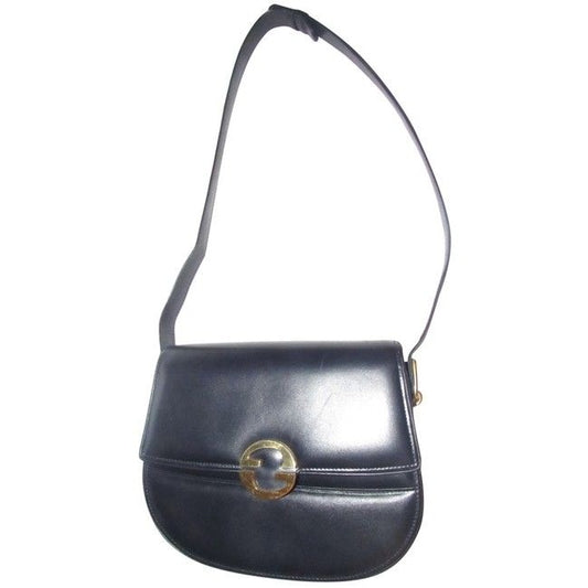 Vintage, RARE, Gucci, mod, deep blue leather, 1973 line , shoulder purse with bold gold tone accents