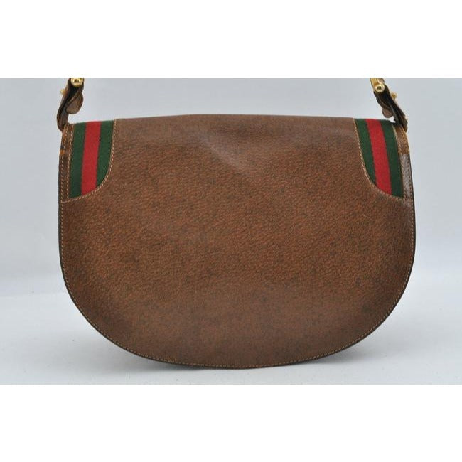 Early Gucci, brown leather saddle bag style, XL two-way shoulder bag or clutch with red and green striped edges