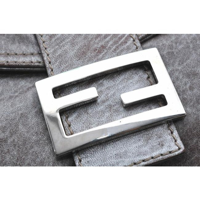 Fendi Shoulder Bag Double Flap Mamma Gray Lambskin Leather Baguette