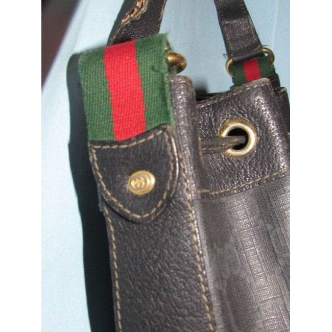 Gucci Black Guccissima Print Leather Bucket Bag W red & green Striped Accent