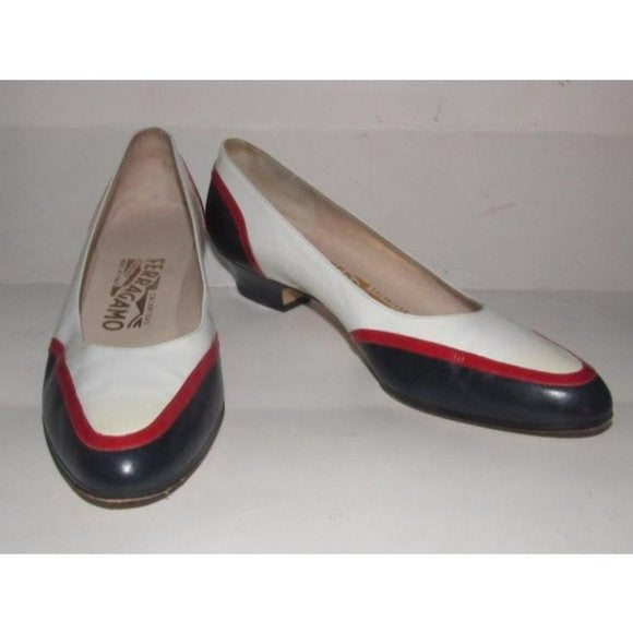 Ferragamo Red White and Blue Color Block Pumps