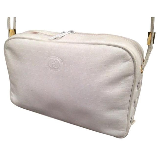 Gucci Vintage Pursesdesigner Purses White Canvas With Small G Logo And Leather Coated Shoulder Bag