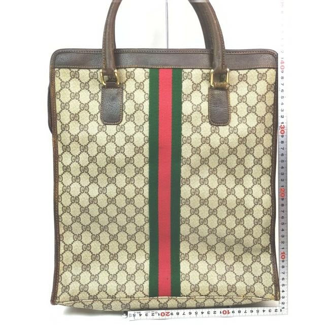 Gucci, brown Guccissima print coated canvas and brown leather, XL portfolio style satchel or tote with a red and green Sherry striped center