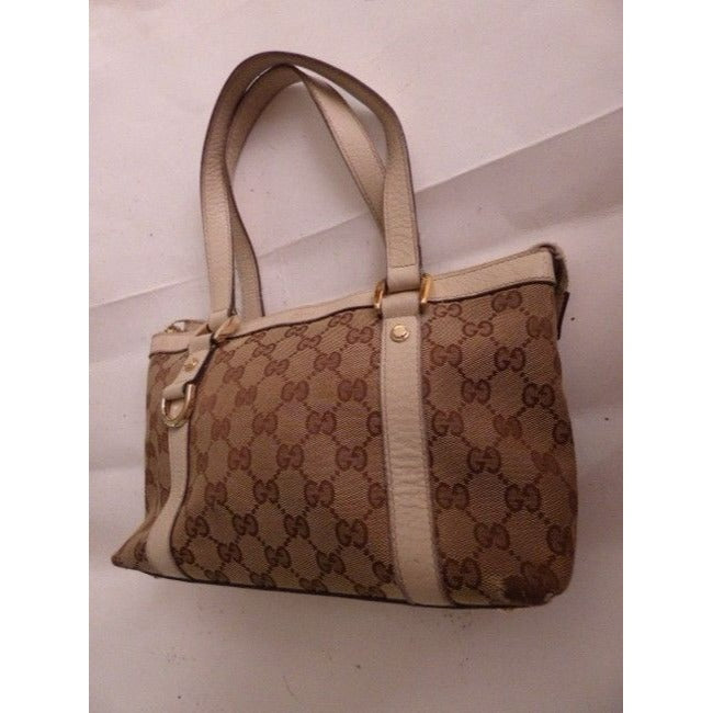 Gucci Abbey Vintage Brown Large Logo Print Canvas And White Leather