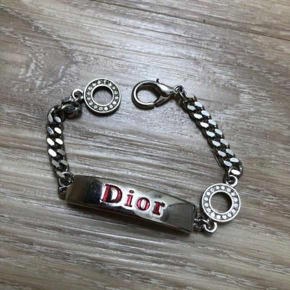 RARE! DIOR Silver ID Bracelet with Red Enamel and Crystal Accents