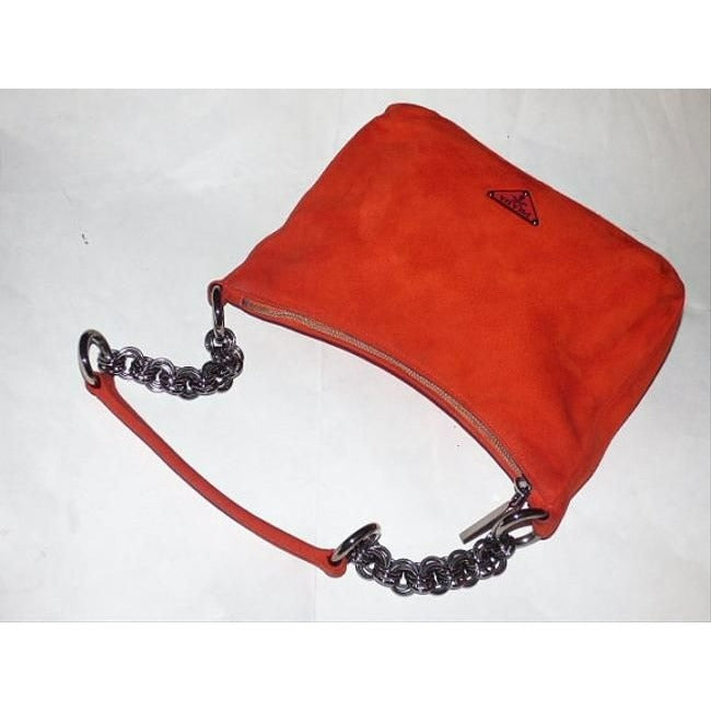 Prada Style Shoulder Purse Reddish Orange Suede And Leather With A Chrome Chain Strap Hobo Bag