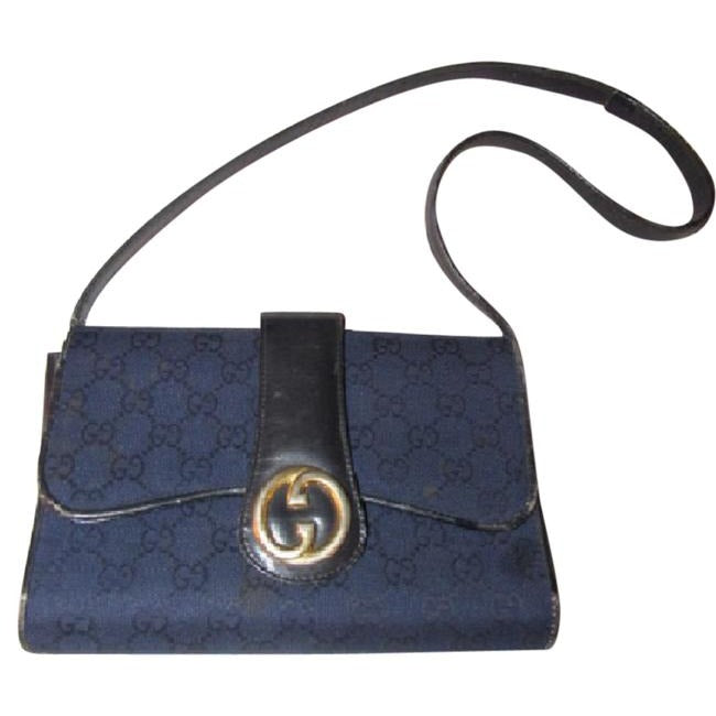 Gucci, deep blue Guccissima print canvas and black leather, envelope top, 1973 two-way-shoulder purse