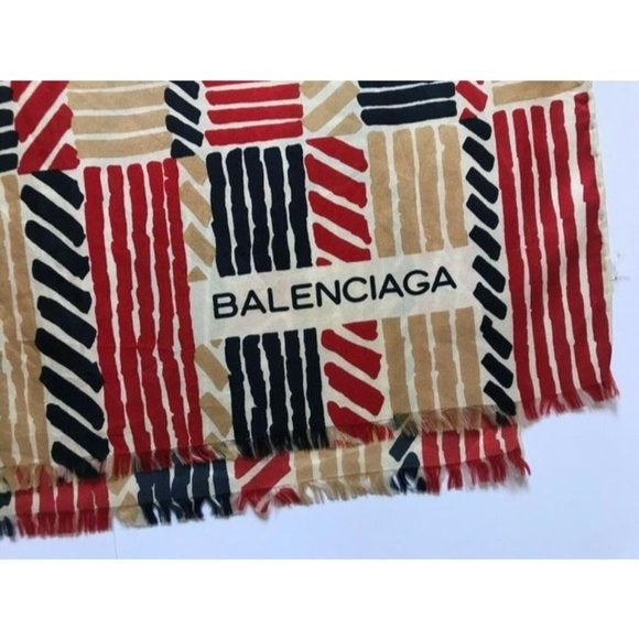 Balenciaga Blue Tan Red White Tribal Silk Scarf