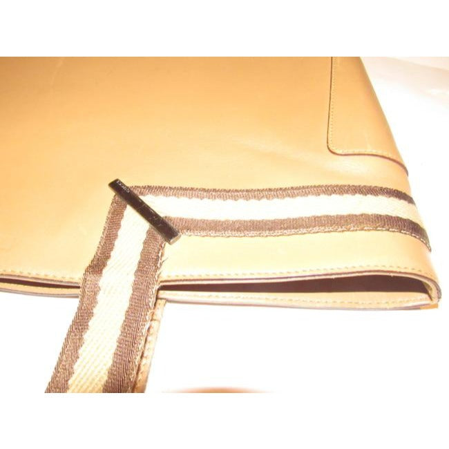 Gucci Vintage Tan Leather With Tan And Brown Striped Accents Fabric Handles