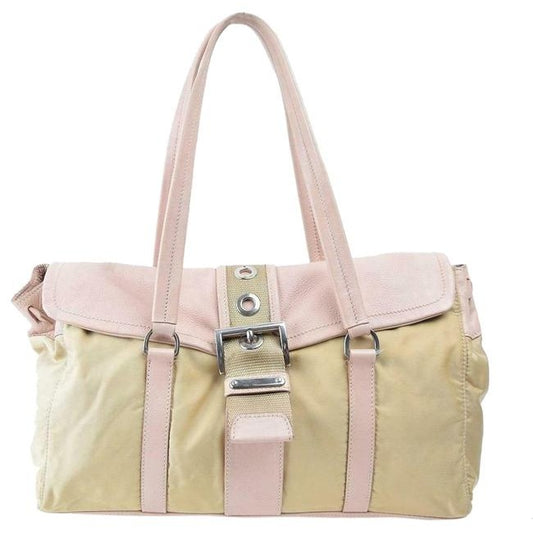 Prada Color Block Shoulder Purses Pink And Beige Suede Canvas And Leather Satchel