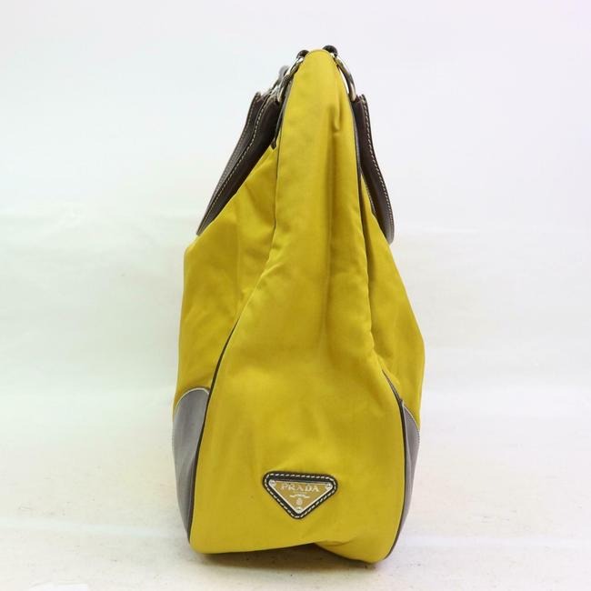 Prada Purse Yellow Canvas And Brown Leather With Chrome Hardware Satchel