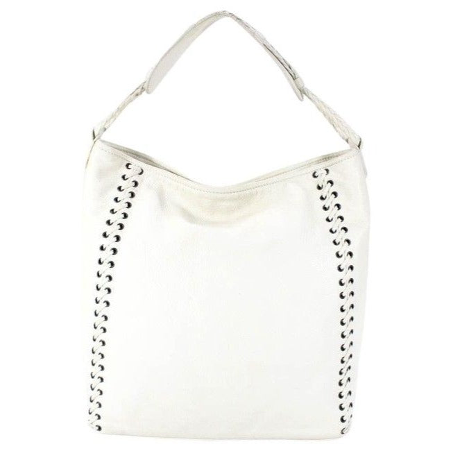 Dior Xl Hobo Style Purses White Leather With Chrome Grommets With Woven Lacing Design And Braided St