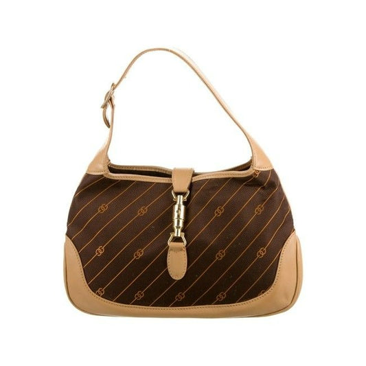 Gucci Diagonal Logo Print Canvas & Leather Jackie Hobo w Extender in Shades Of Brown