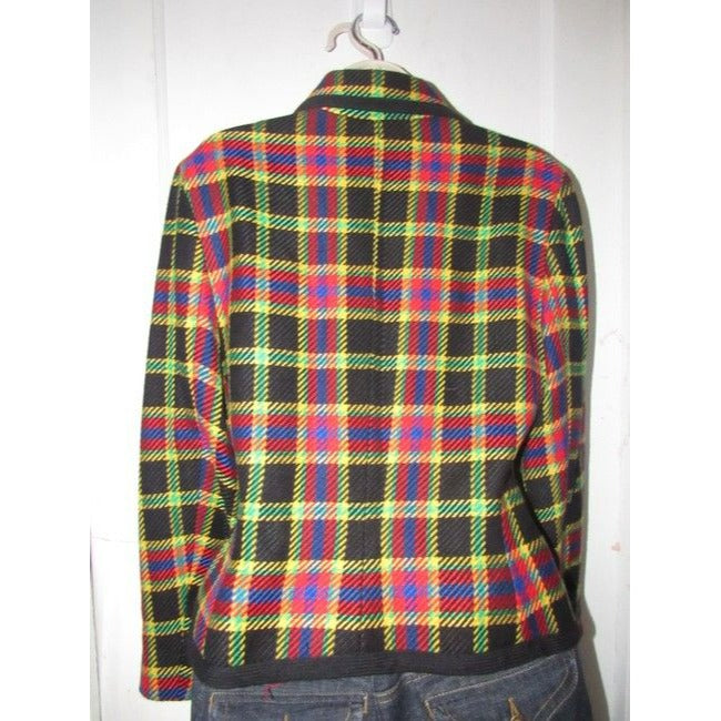 Emanuel Ungaro Black Wool With Red Yellow Blue And Green Window Pane Plaid Blazer