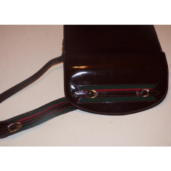 Gucci Horsebit Envelope Top Sherry Stripe Two Way Brown Patent Leather Shoulder Bag