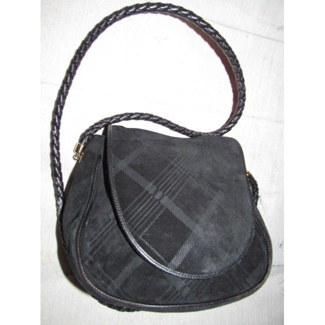 Bottega Veneta Black Suede & Leather Saddle Bag w Plaid Plint