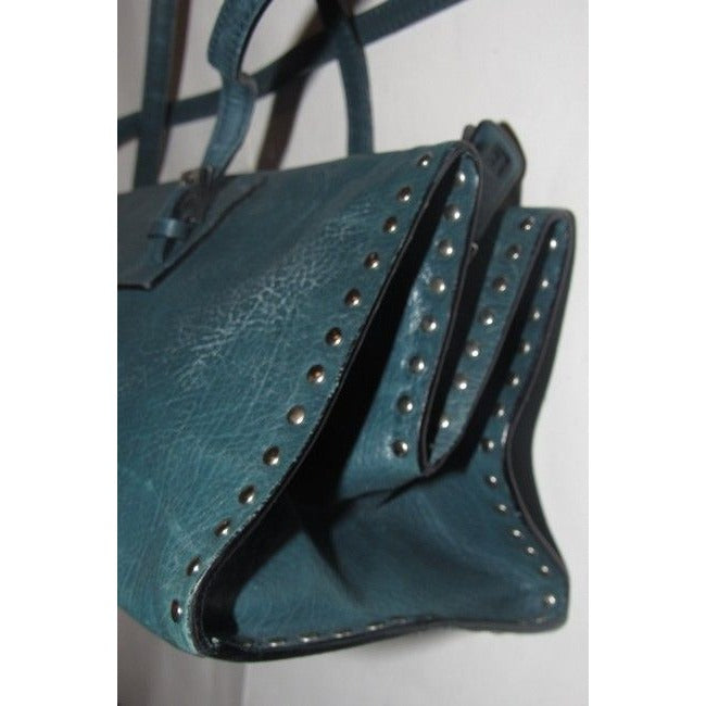 Bally Teal Blue Leather Satchel With Chrome Studded Accents