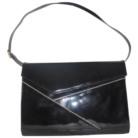 Bally Vintage Pursesdesigner Purses Black Glossy Patent Leather With Asymmetrical Envelope Top With