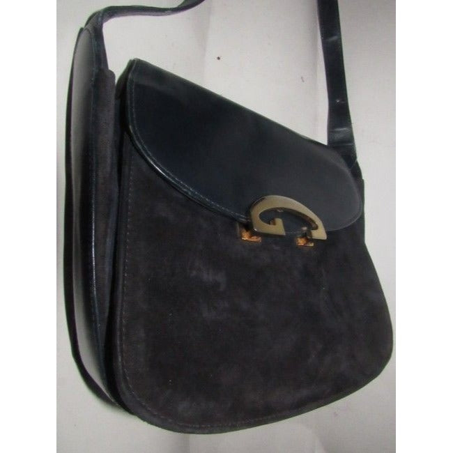 Gucci Vintage Navy Leather And Grey Suede Shoulder Bag