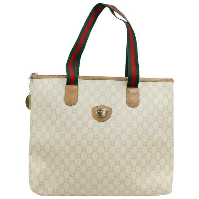 Gucci Style Purse Brown Large G Logo Print On Ivory Coated Canvas And Brown Leather With Red And Green