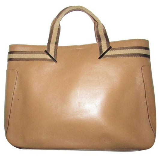 Gucci Vintage Tan Leather With Tan And Brown Striped Accents Fabric Handles