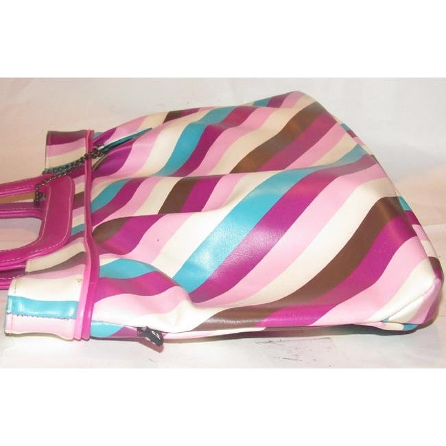 Paul Frank Pursesdesigner Purses Ivory Turquoise Plum And Lavender Striped Print Pvc Tote